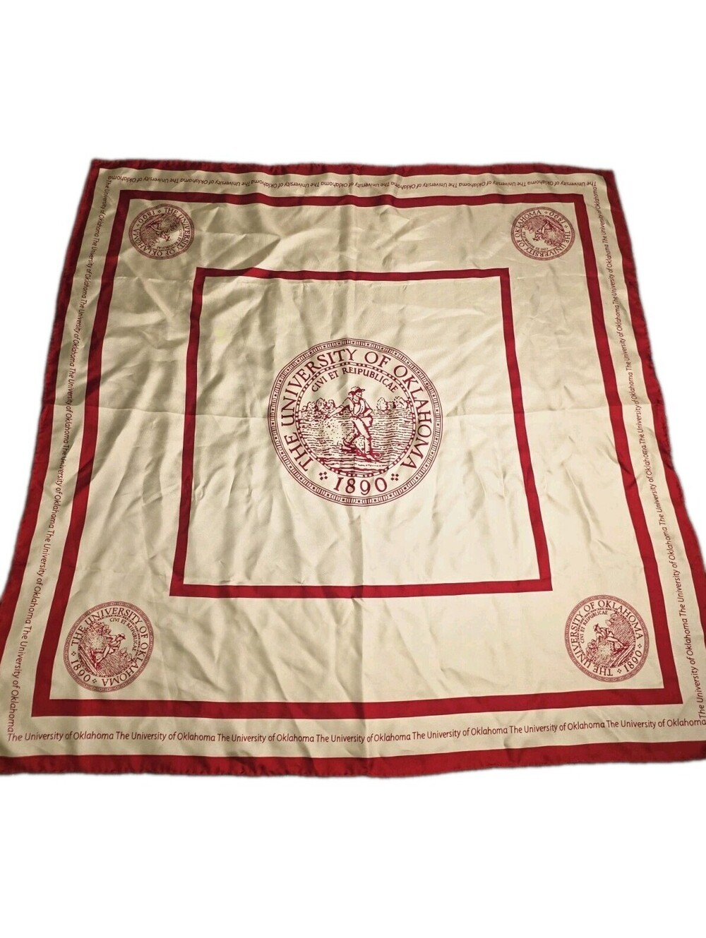 VTG University of Oklahoma Sooners 100% Silk Scarf Crimson Cream Seal 1890